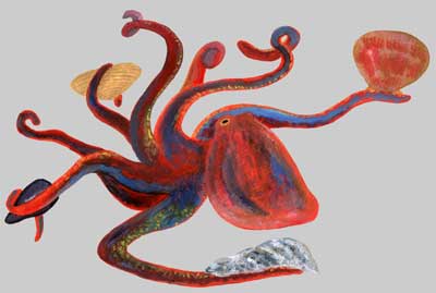 painting of an octopus displaying a mussel, clam, scallop and oyster