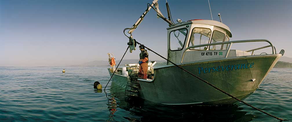 Bernard working on the boat named the "Perserverance" offshore at the Santa Barbara Mariculture farm