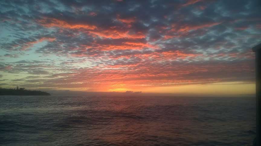 A beautiful sunrise seen from the boat named the Perserverance while heading out to the Santa Barabara Mariculture Farm